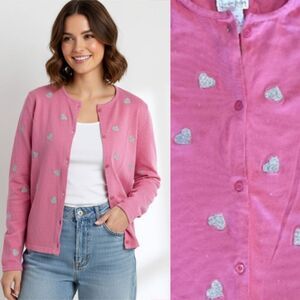 Quacker Factory VTG Pink Glitter Hearts Button Front Cotton Cardigan Med